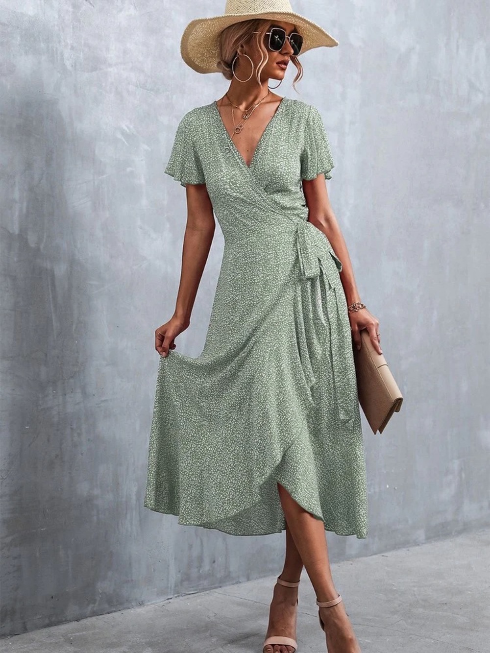 Wrap Midi Dress in Sage Green - Elegant V-Neck Summer Dress